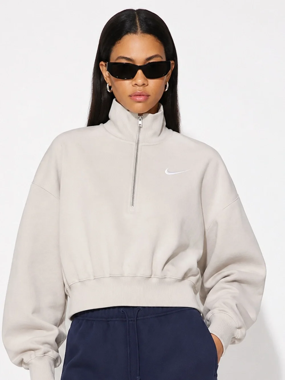 Nike Sportswear Phoenix Fleece Cropped Half Zip Sweatshirt Size Large Cream